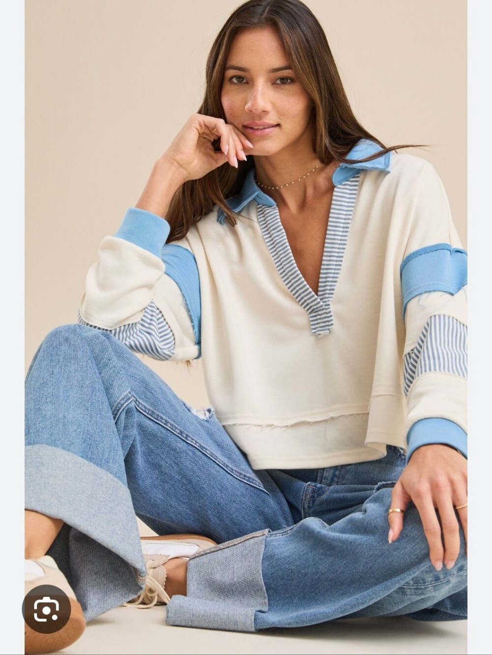 Altar'd State Cream & Light Blue Striped V-Neck Collared Pullover
